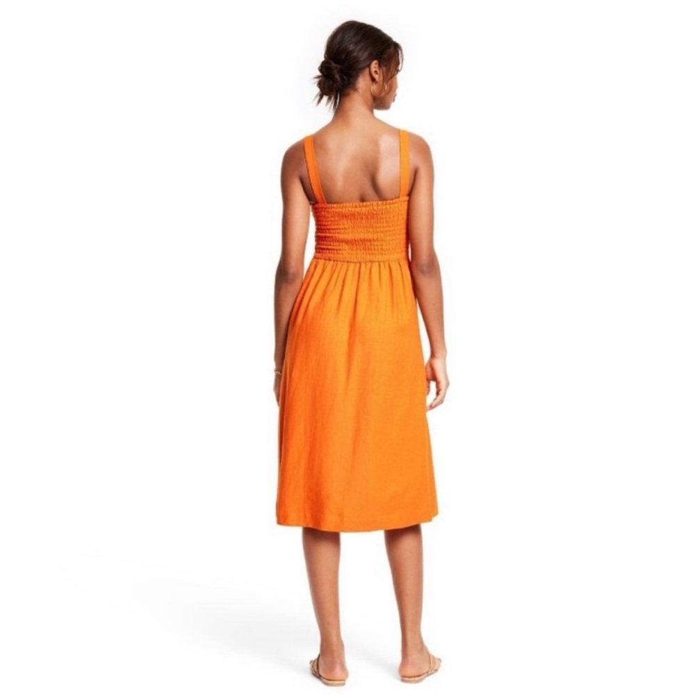 Vibrant Orange Linen Blend Cutout Midi Dress - Picture 13 of 16